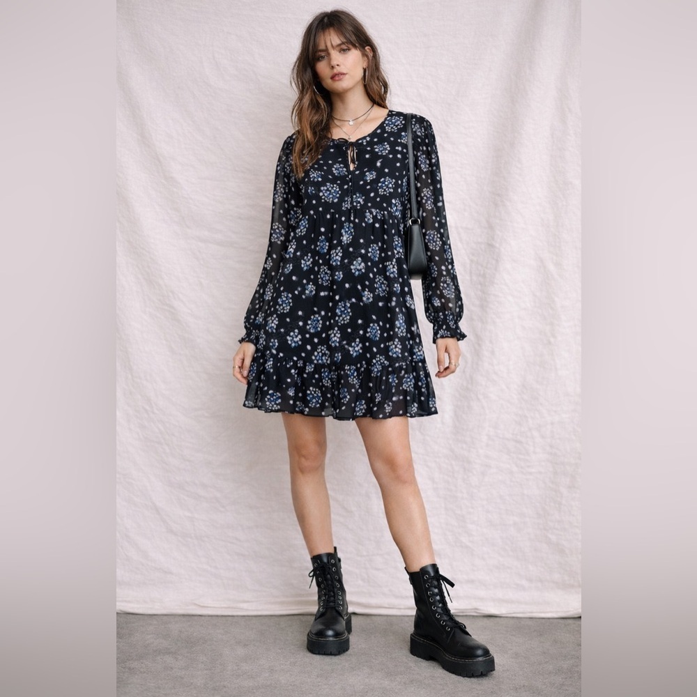 Urban Outfitters Y2K Babydoll Drop Waist Black Floral Dress Size L